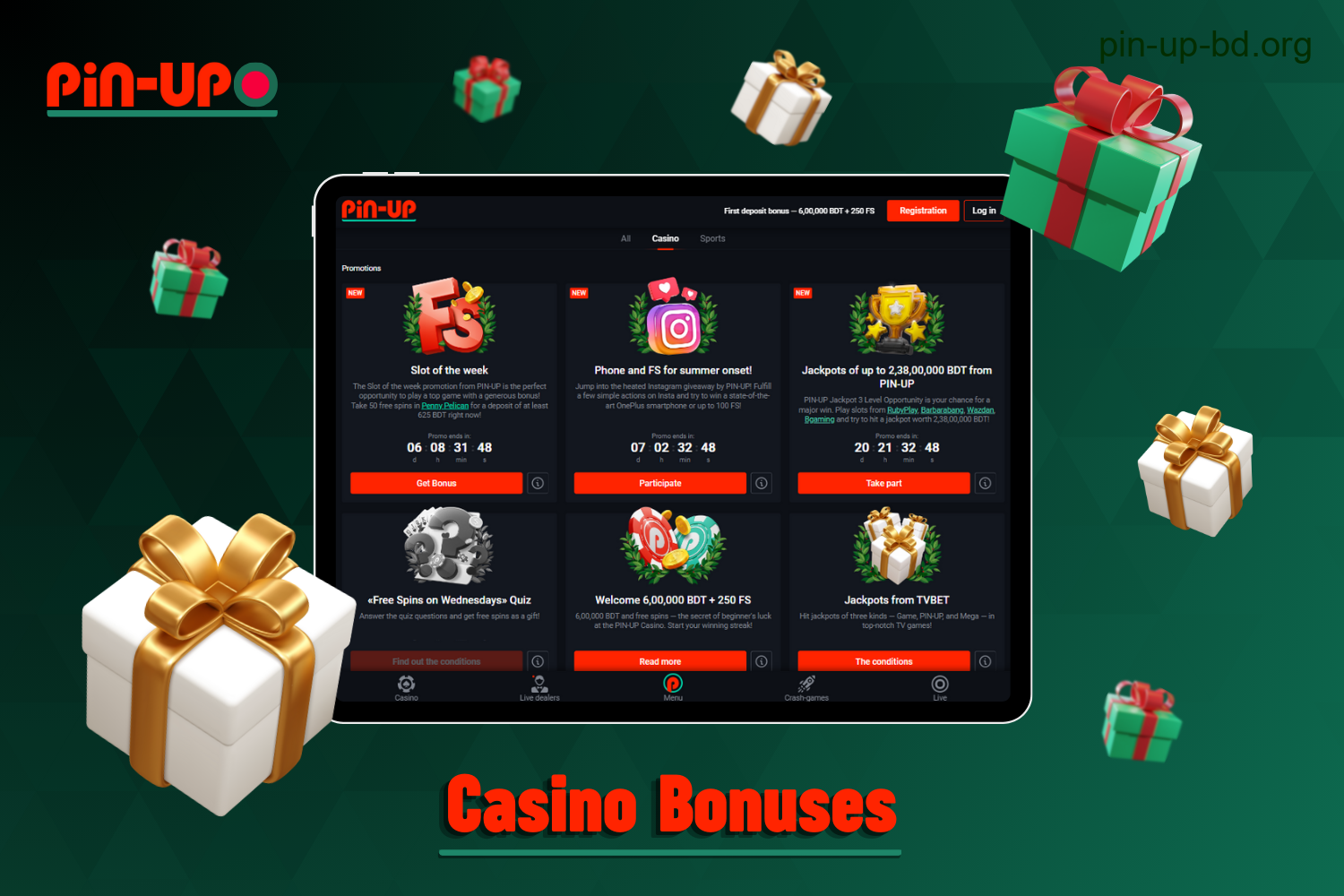 The Pin Up casino bonuses section offers players from Bangladesh a wide range of casino promotions