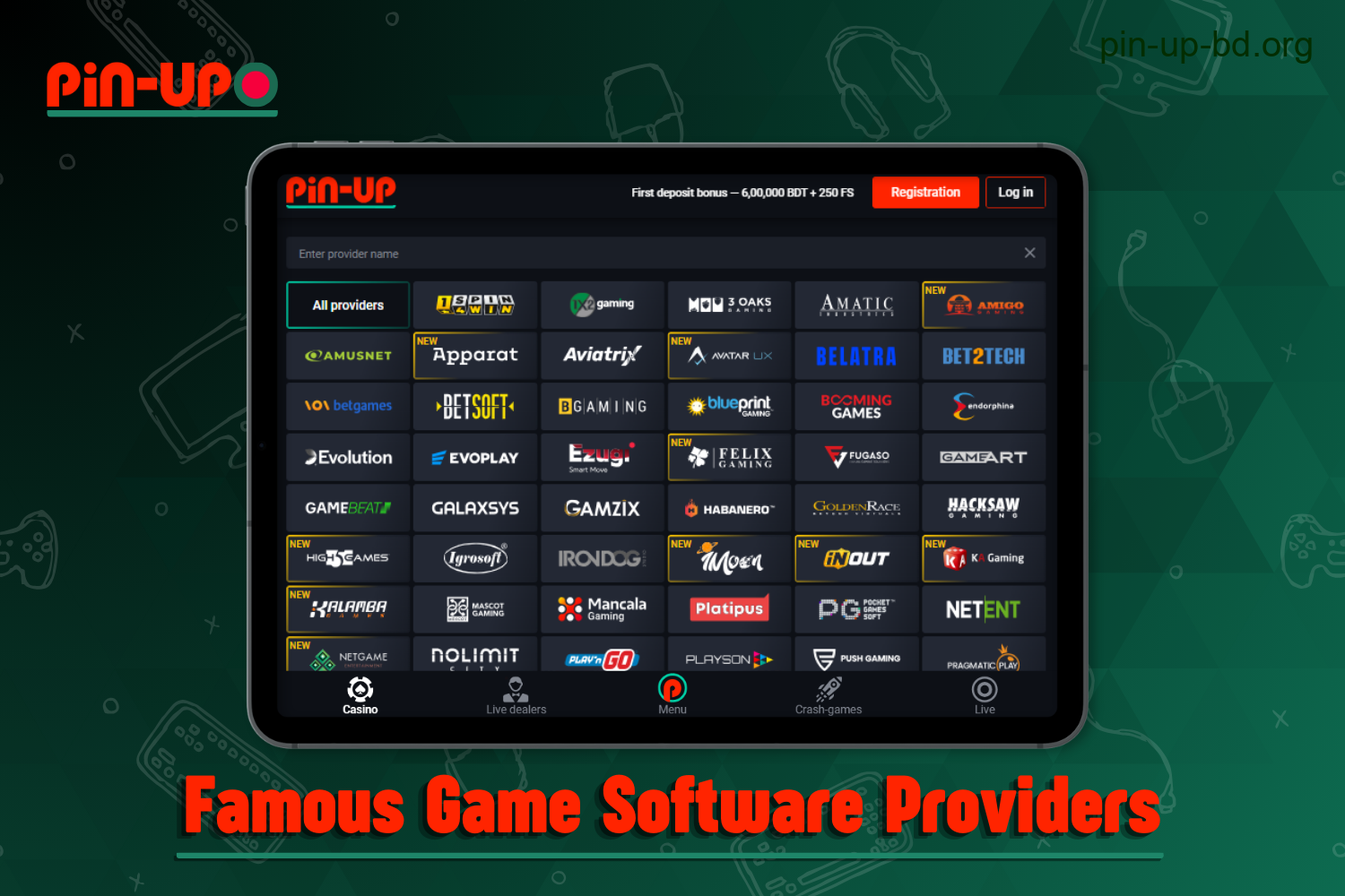 Pin Up presents a large selection of of famous online gaming software providers for players from Bangladesh