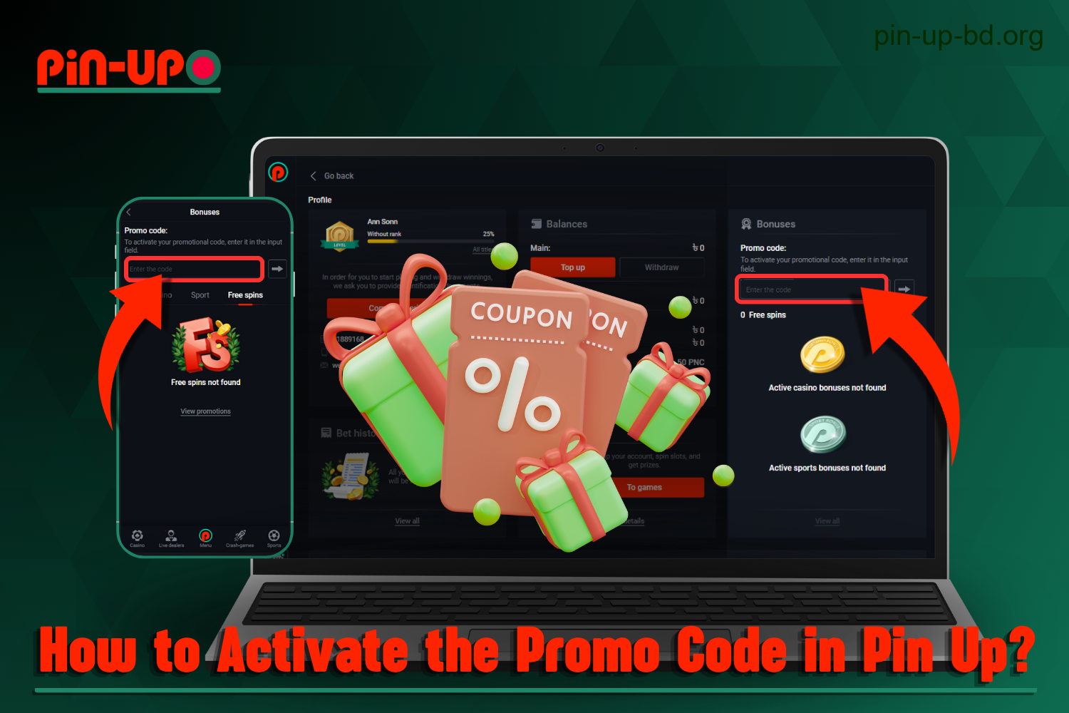 Bangladeshi users of Pin Up receive detailed instructions on how to use the promo code to receive a special bonus