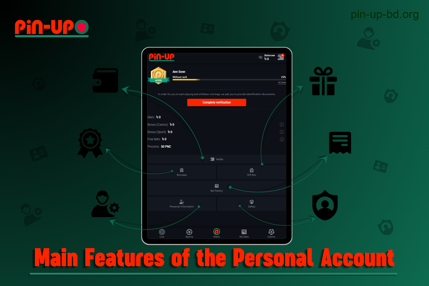 Main features of the Pin Up personal account for users from Bangladesh