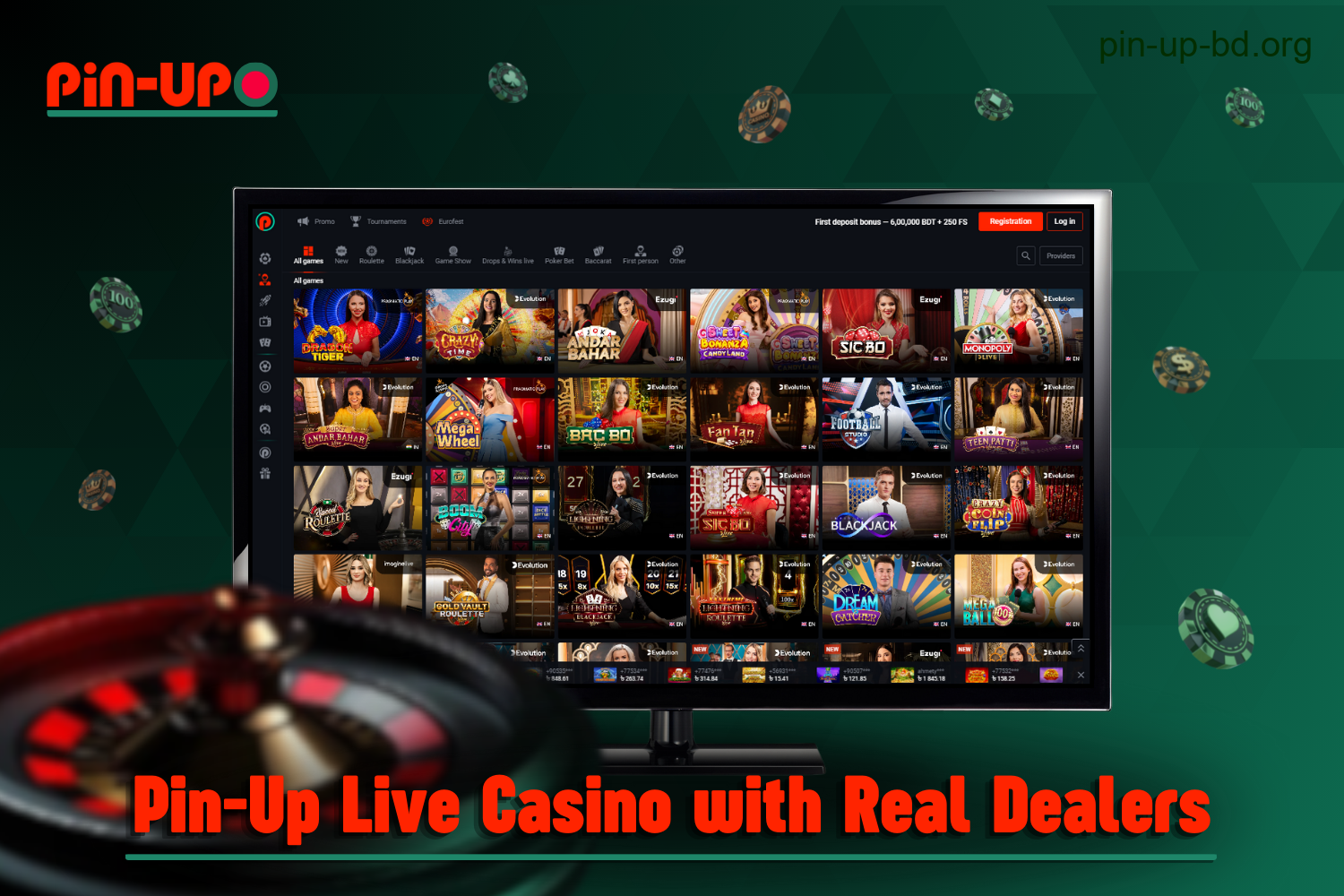 The Pin Up website offers a live casino section with real dealers for players from Bangladesh