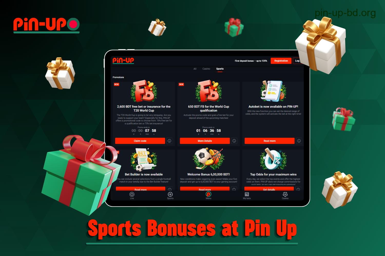 The sports bonus section of Pin Up offers players from Bangladesh a wide range of sports betting promotions